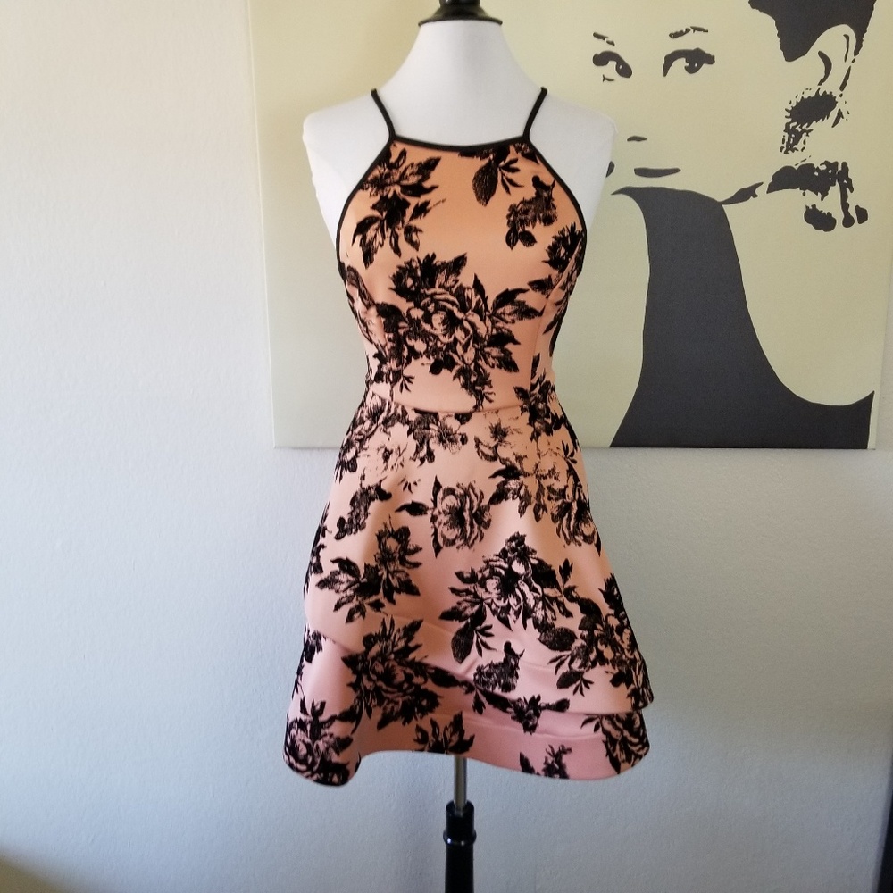 Pink Dress with Black Floral Detail L